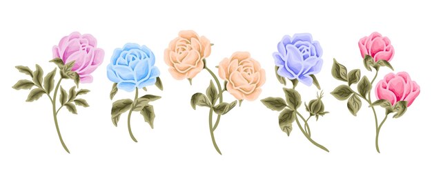 Vetor coleção de elementos de ilustração de clipart de flores vintage coloridas