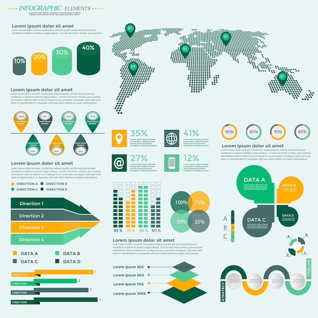 Coleção de elementos de infográficos - ilustração vetorial de negócios para apresentação, livreto, site, blog, layout de fluxo de trabalho, folheto, banner, cartão, opções de intensificação, design web, pôster, folheto, cronograma.