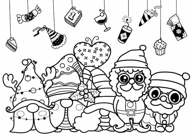 Coleção de elementos de natal desenhada à mão conjunto de pequenos gnomos de jardim, clipart festivo de ano novo