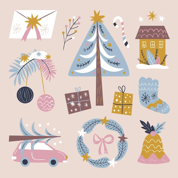 Coleção de elementos de Natal desenhada a mão