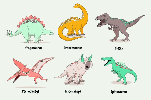 Vetor coleção de elementos de nomes de dinossauros desenhados à mão