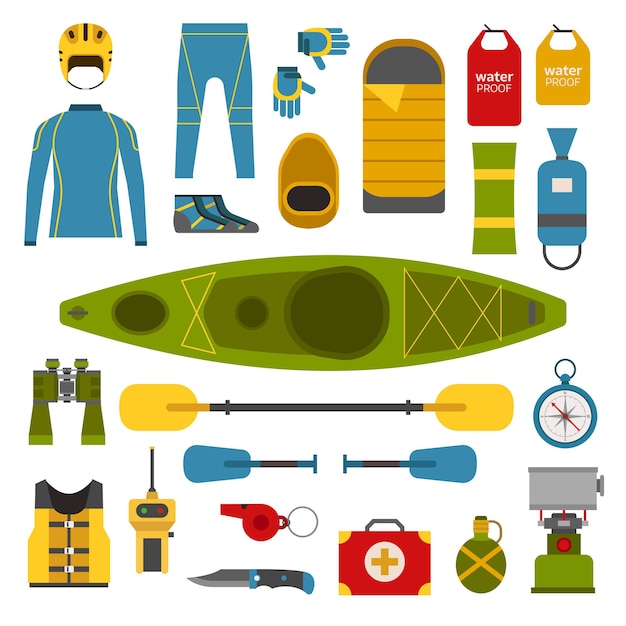 Coleção de elementos de rafting e caiaque. equipamento de náutica. colete salva-vidas, roupa de mergulho, remo, bolsa impermeável, pictogramas de vetor de capacete de rafting. elementos de viagem de barco de caiaque em design plano isolado.