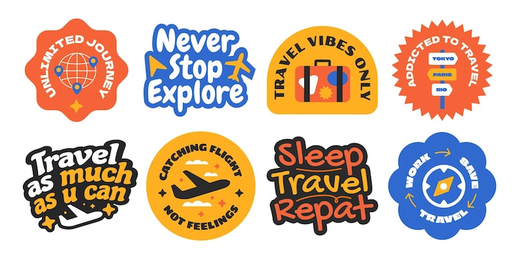 Vetor coleção de elementos de selo de travessia sticker patch stamp badge conjunto de símbolos de viagem vintage e legais