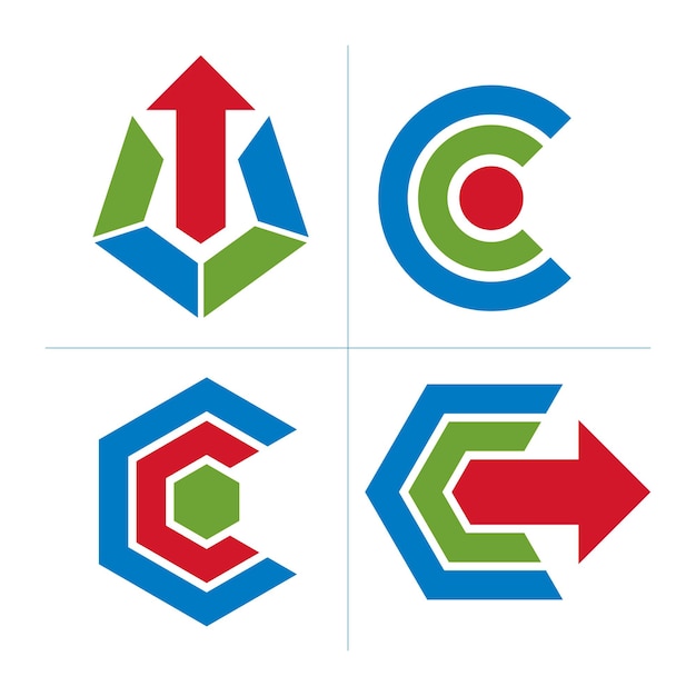 Coleção de elementos gráficos com setas simples, desenvolvimento de negócios e ícones de vetor de tema de inovação tecnológica. conceito de crescimento da empresa, conjunto de símbolos de identidade abstrata.