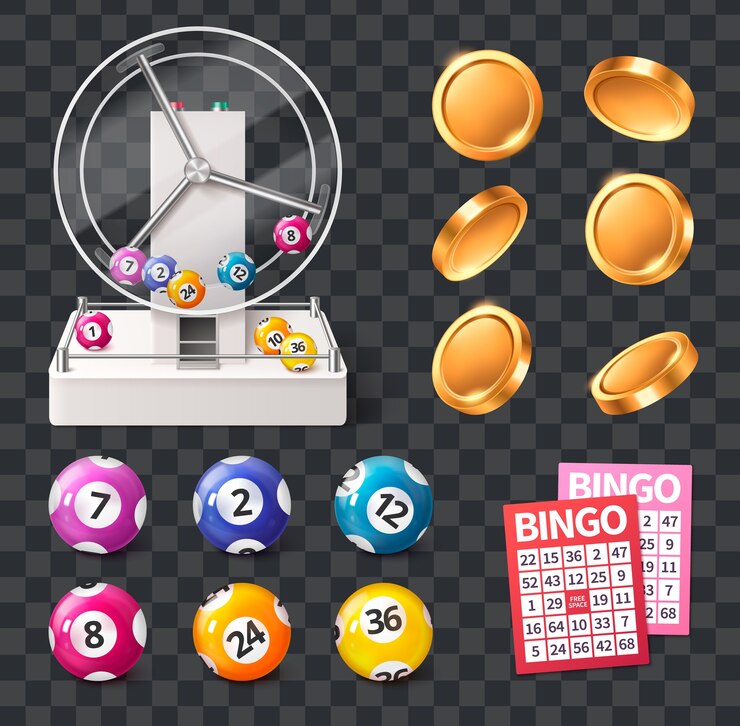 Vetor coleção de elementos originais de bingo realistas com cartão de loteria e bolas em fundo transparente