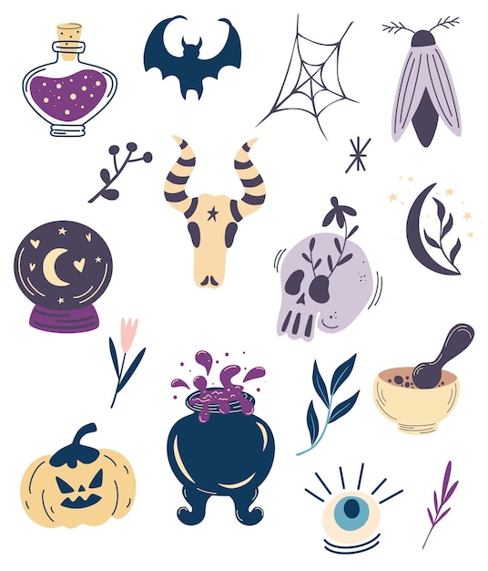 Coleção de elementos para o halloween. conjunto de design mágico de bruxa grande.