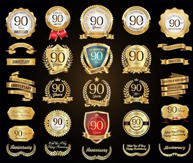 Coleção de emblemas de coroa de louros de ouro de aniversário e ilustração vetorial de rótulos
