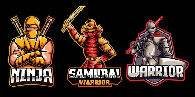 Coleção de emblemas de ninja samurai e ilustração vetorial de guerreiro espartano