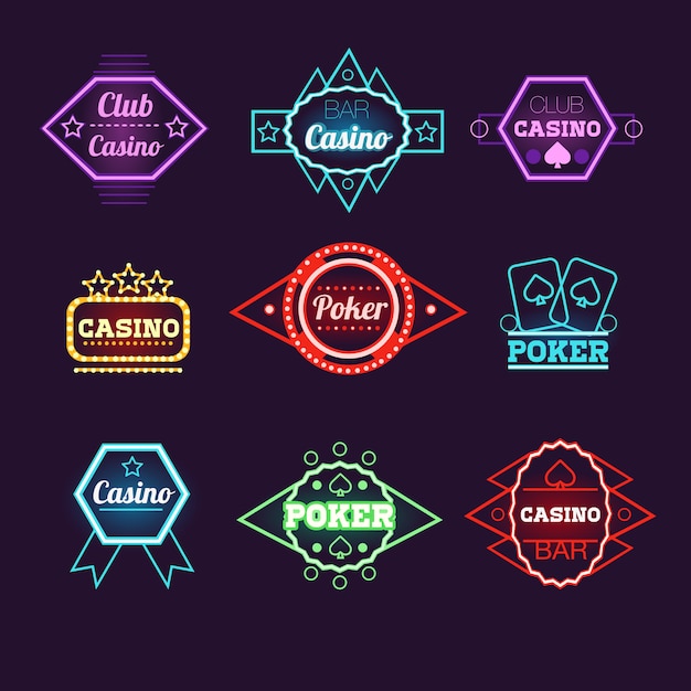 Coleção de emblemas do neon light poker club e do cassino