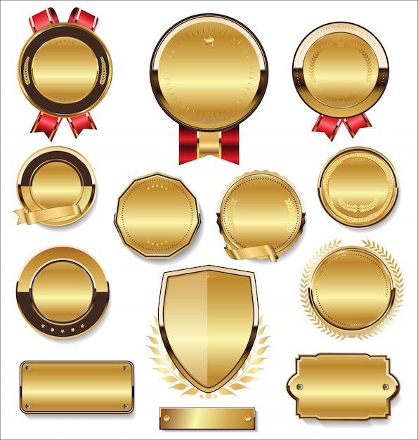 Coleção de emblemas e etiquetas de escudo liso dourado estilo retro
