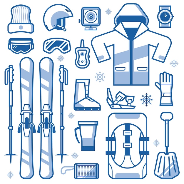 Coleção de equipamentos e acessórios para esqui de montanha. ícones de esqui com jaqueta, kit de resgate de avalanche, botas de neve, bastões e outros esportes de inverno e itens essenciais para atividades. elementos do vetor de equipamento de esqui.