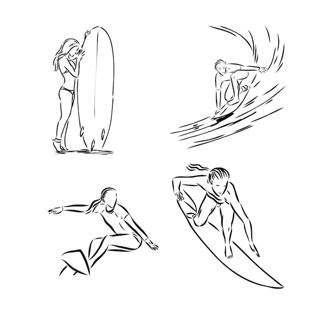 Coleção de esboços da ilustração vetorial desenhada à mão dos surfistas