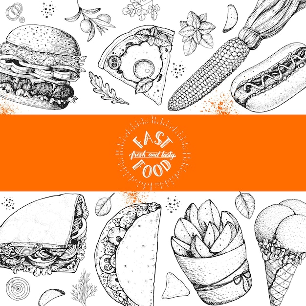 Coleção de esboços desenhados à mão de fast food ilustração vetorial conjunto de junk food ilustração de estilo gravado modelo de design de comida de rua