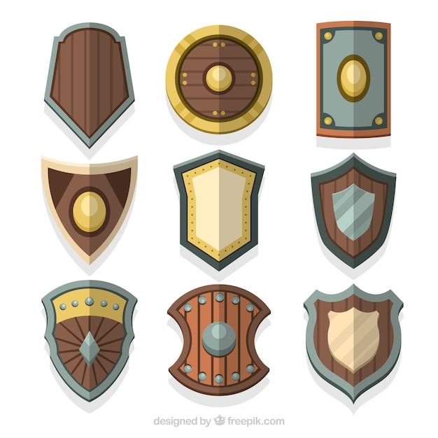 Vetor coleção de escudos de madeira medievais