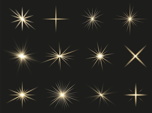 Vetor coleção de estrelas brilhantes brilhantes realistas conjunto de estrelas douradas brilhantes linhas amarelas luminosas partículas brilhantes de brilho