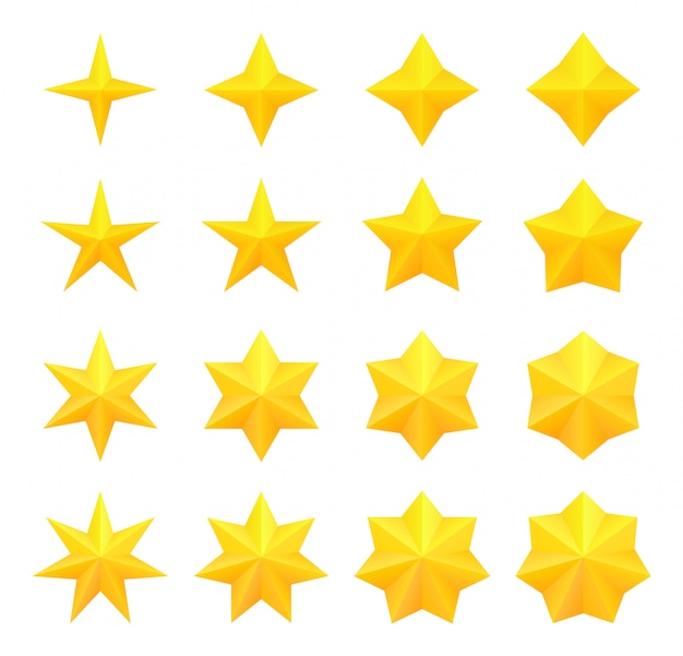 Coleção de estrelas douradas diferentes brilhantes