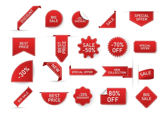Coleção de etiquetas de preço vermelhas com letras isoladas em branco