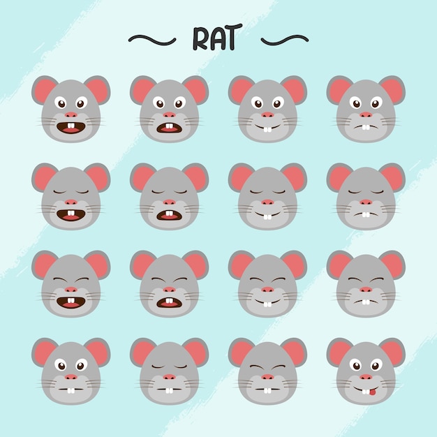 Vetor coleção de expressões faciais de rato em estilo de design plano