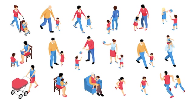Coleção de família isométrica isolada bebê crianças crianças personagens humanos com vários itens na ilustração vetorial de fundo em branco