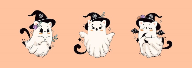 Vetor coleção de fantasmas de gatos engraçados personagens de desenhos animados fofos para o halloween