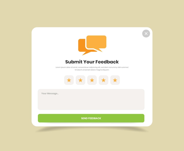 Vetor coleção de feedback minimalista do usuário ui design de kit pop-up com caixa de texto e classificação de estrelas
