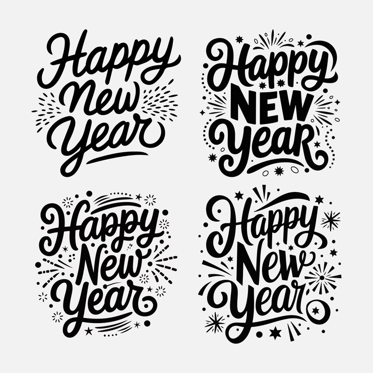 Vetor coleção de feliz ano novo caligrafia de letras de mão texto de feliz ano novo backgro
