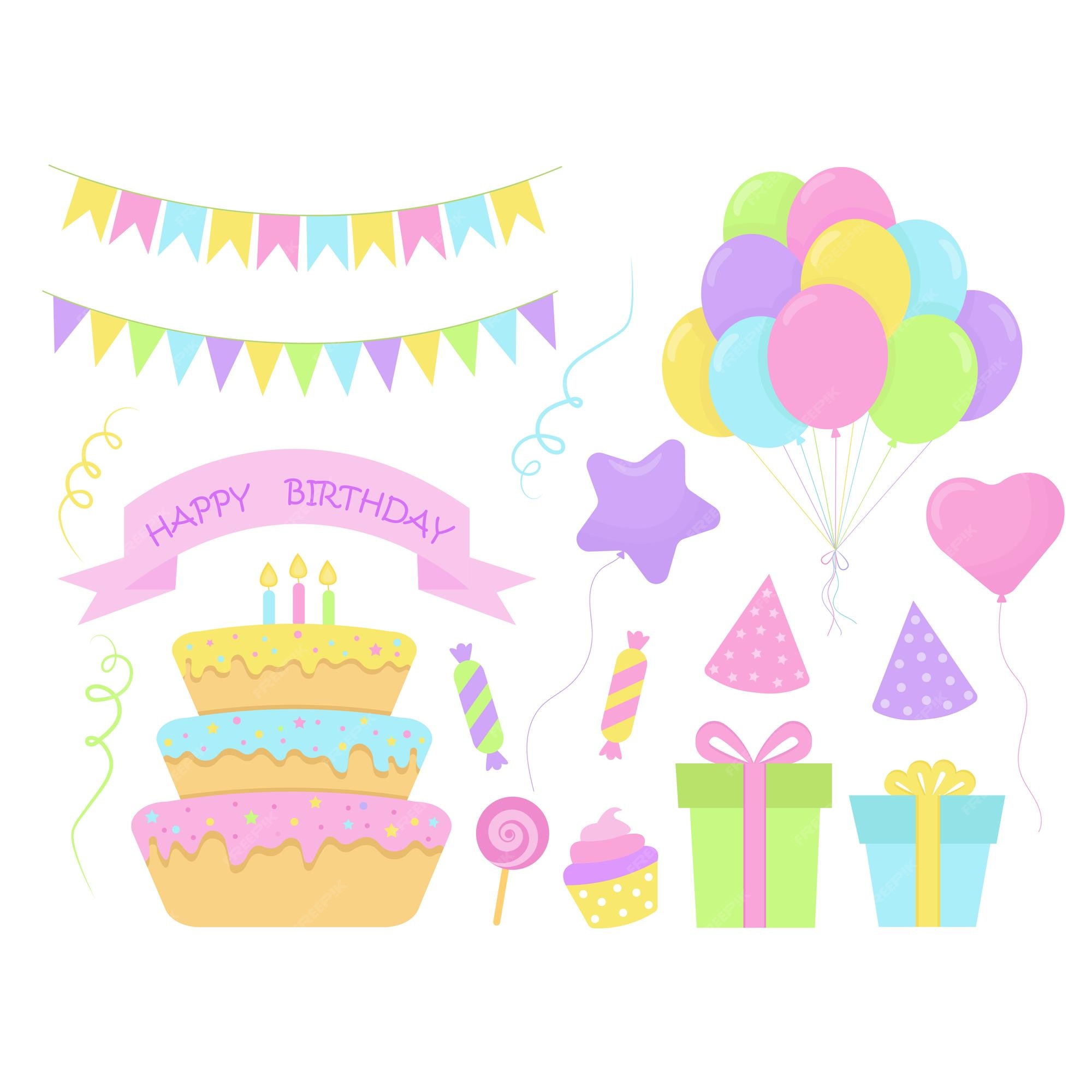 Entregue O Cartão De Aniversário Desenhado Com Um Bolo De Camada Dos  Desenhos Animados Com Velas, Presentes, Balões, Bunting, Com Tipografia.  Ilustração Vetorial Objetos Isolados. Conceito De Design Para Crianças,  Festa De