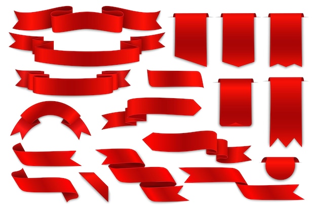 Coleção de fitas vermelhas em várias formas de elementos de design de fitas em fundo branco para designer gráfico