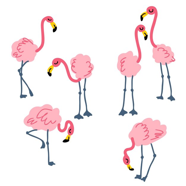 Vetor coleção de flamingo rosa desenhada à mão perfeito para adesivos de pôsteres de camiseta e ilustração vetorial doodle impressa para decoração e design