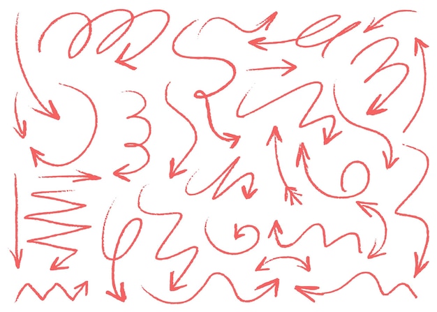 Coleção de flechas desenhadas à mão de carvão vermelho Pinceladas artísticas Flechas vetoriais grunge