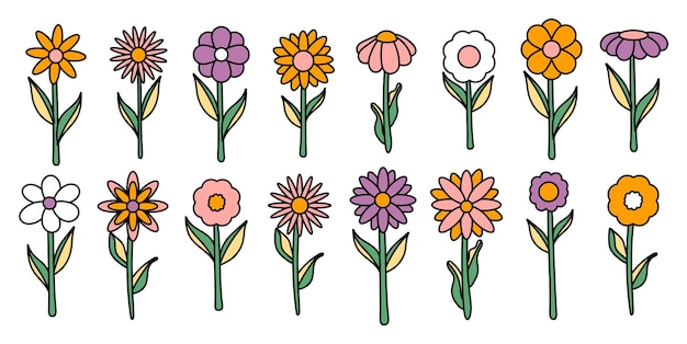 Coleção de flores desabrochando simples no estilo hippie psicodélico da década de 1970 conjunto de adesivos gráficos em design retro fundo groovy curso editável isolado ilustração vetorial