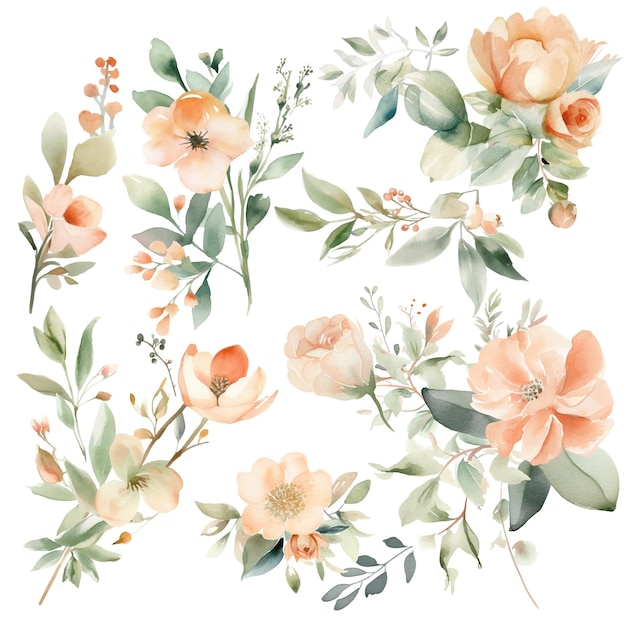 Vetor coleção de flores em aquarela ilustrações florais de pêssego desenhos simples saudações papéis de parede moda