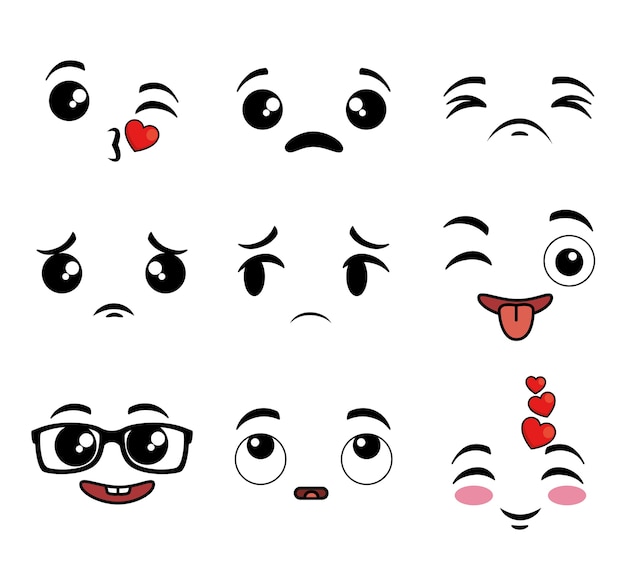 emojis rostos de desenhos animados kawaii 1236424 Vetor no Vecteezy