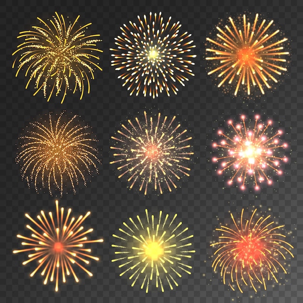 Coleção de fogos de artifício festivo realistas fogos de artifício coloridos em fundo transparente de Natal ou novo