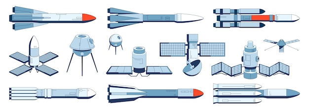 Coleção de foguetes e satélites barra de lançamento do ônibus espacial vôo suborbital e transporte de tecnologia de naves espaciais ícones de foguetes e estações espaciais conjunto de vetores expedição de transporte cósmico