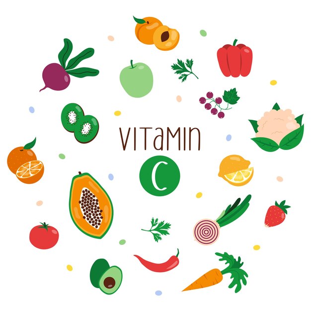 Vetor coleção de fontes de vitamina c. frutas e vegetais enriquecidos com ácido ascórbico.