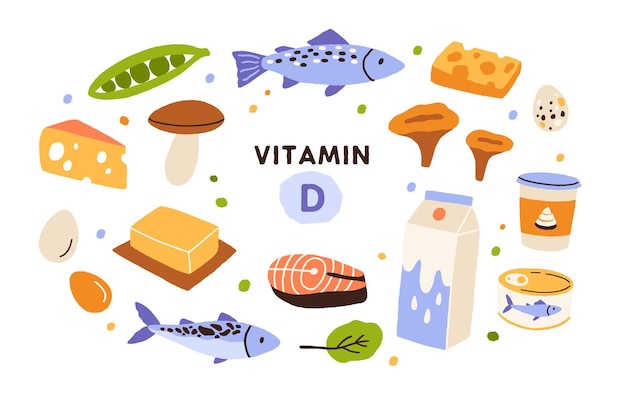 Coleção de fontes de vitamina d. alimento enriquecido com colecalciferol. laticínios, peixes, cogumelos e ovos. nutrição orgânica dietética. ilustração em vetor plana dos desenhos animados isolada no branco.