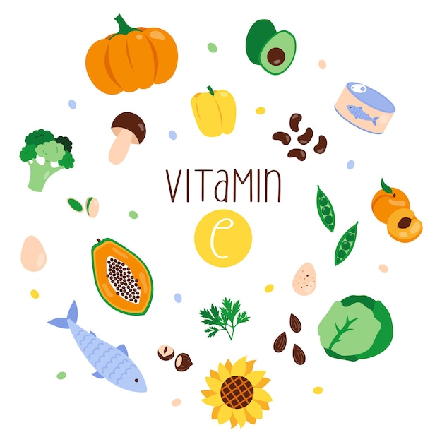 Vetor coleção de fontes de vitamina e. alimentação balanceada e saudável.