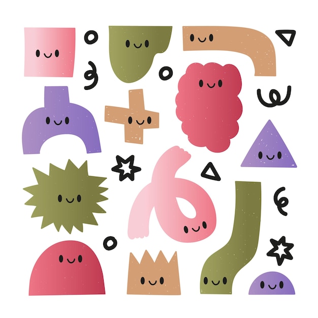 Vetor coleção de forma abstrata. personagens de formas geométricas. estilo kawaii com sorriso fofo.