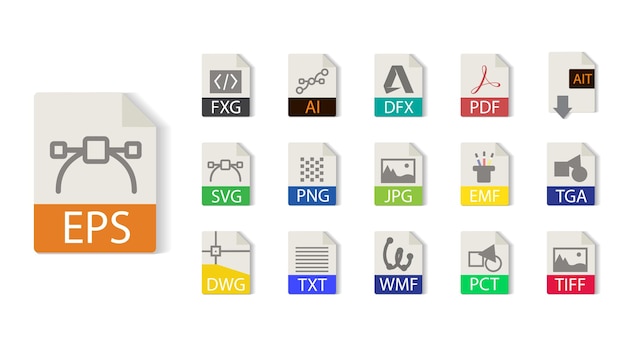 Vetor coleção de formatos de arquivo do illustrator. eps, ai, pdf, jpg, png, svg, tiff. vetor de tipo de arquivo e ícones.