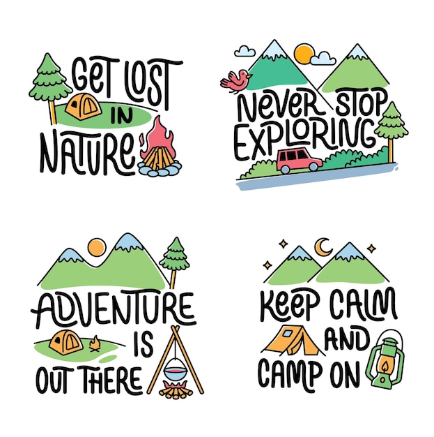 Coleção de frases escritas, slogans ou citações com elementos de aventura