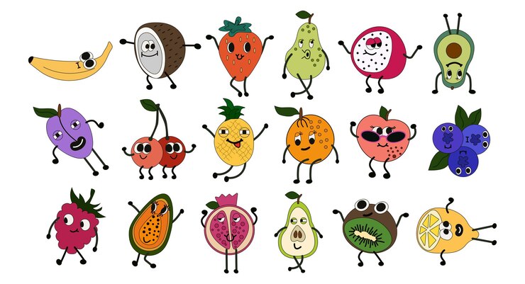Vetor coleção de frutas com expressões felizes e lúdicas