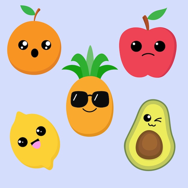 Vetor coleção de frutas com rostos kawaii. ilustração em vetor design plano de frutas bonitos dos desenhos animados.