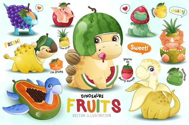 Vetor coleção de frutas de dinossauros adoráveis com ilustração aquarela