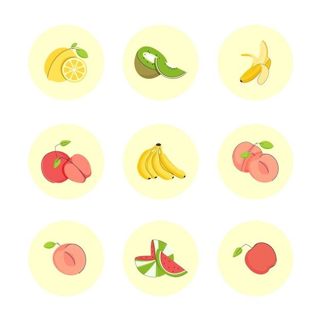 Coleção de frutas de ícones de ilustração vetorial design de impressão. lindo conjunto com ícones de estilo simples.
