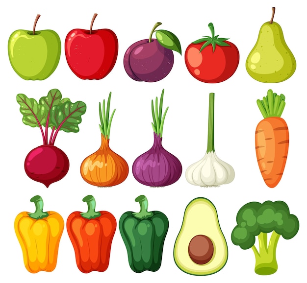 Coleção de frutas e legumes coloridos