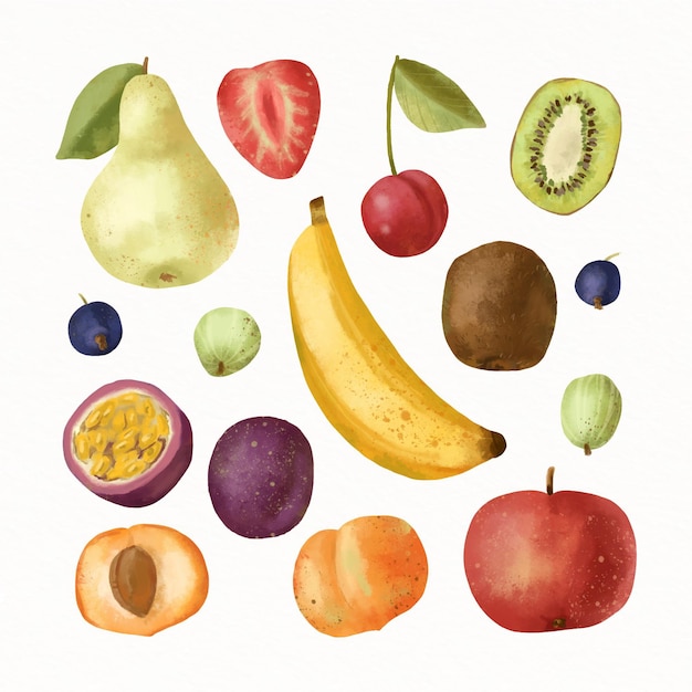 Coleção de frutas em aquarela pintada à mão