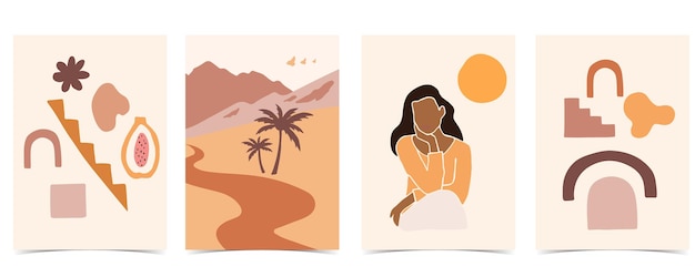 Coleção de fundo contemporâneo com mulher, montanha, sol. ilustração em vetor editável para site, convite, cartão postal e pôster.
