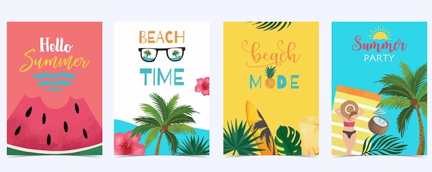 Coleção de fundo de verão com praia melancia ilustração vetorial editável para convite cartão postal e banner do site
