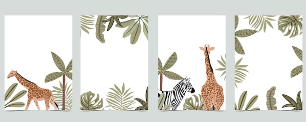 Coleção de fundo do safari com girafa, ilustração de zebra.vector para convite de aniversário, cartão postal